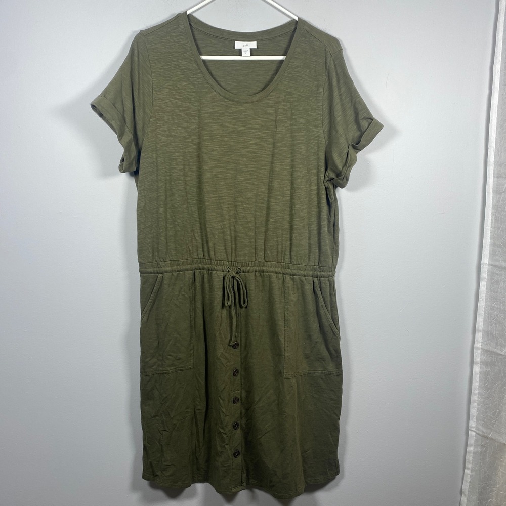 J. Jill Knit Dress Womens L Olive Green Jersey Drawstring Waist Travel Comfort
